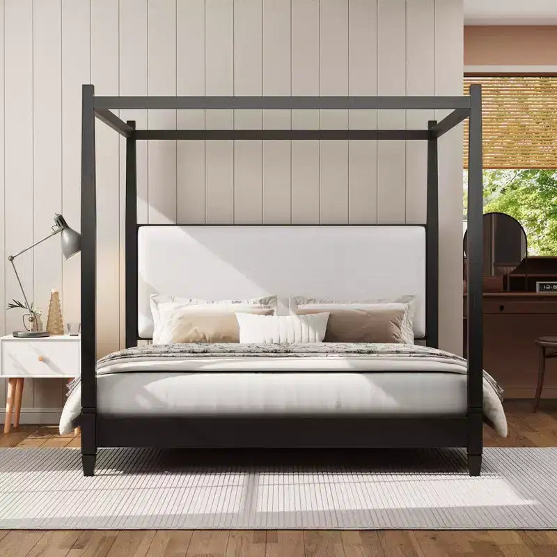 GDFStudio Reyes Canopy Platform Bed with Upholstery Headboard and Wooden Slat Support Legs