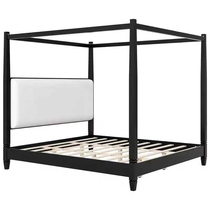 GDFStudio Reyes Canopy Platform Bed with Upholstery Headboard and Wooden Slat Support Legs