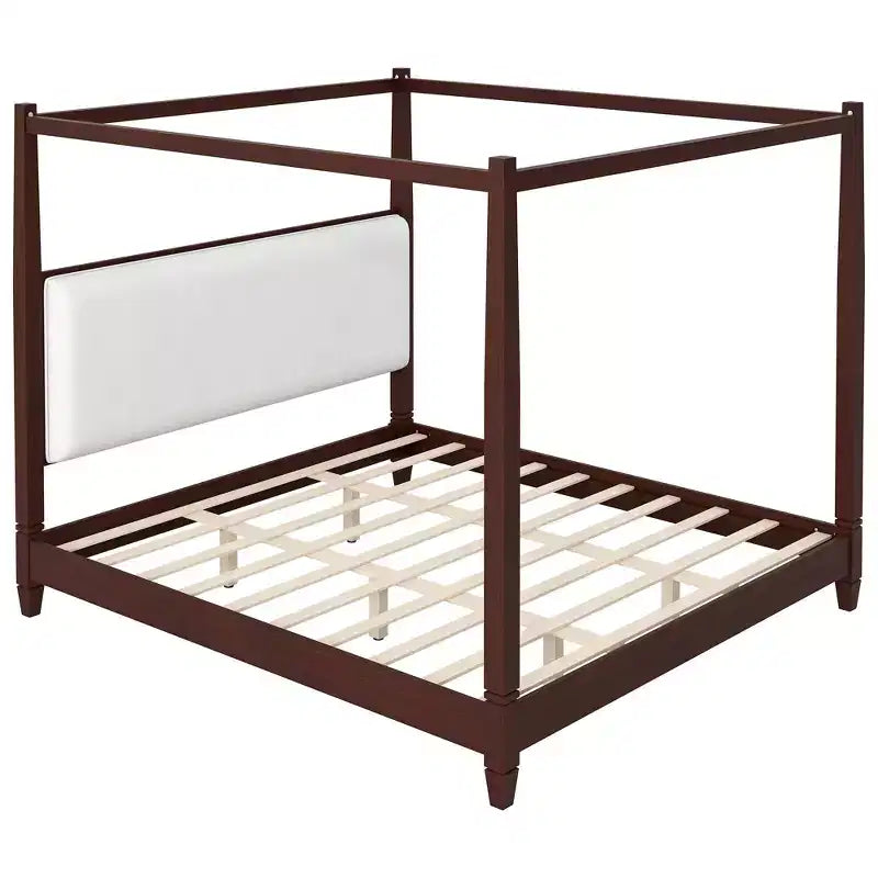 GDFStudio Reyes Canopy Platform Bed with Upholstery Headboard and Wooden Slat Support Legs