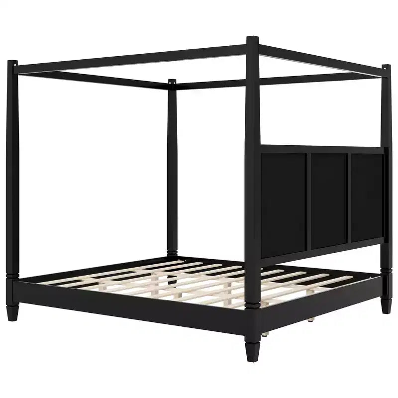 GDFStudio Reyes Canopy Platform Bed with Upholstery Headboard and Wooden Slat Support Legs