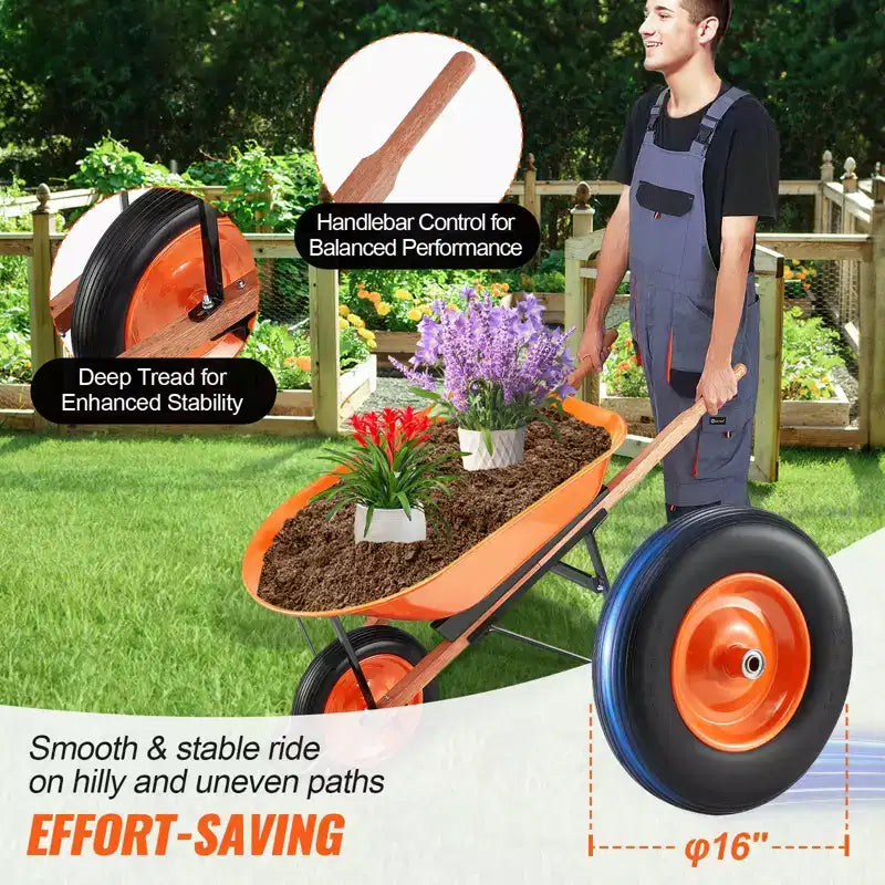 5 Cu. Ft. Wheelbarrow Cart with 265 lbs Capacity, One Wheel Design, 16 Wide Track Wheels for Lawn and Farm