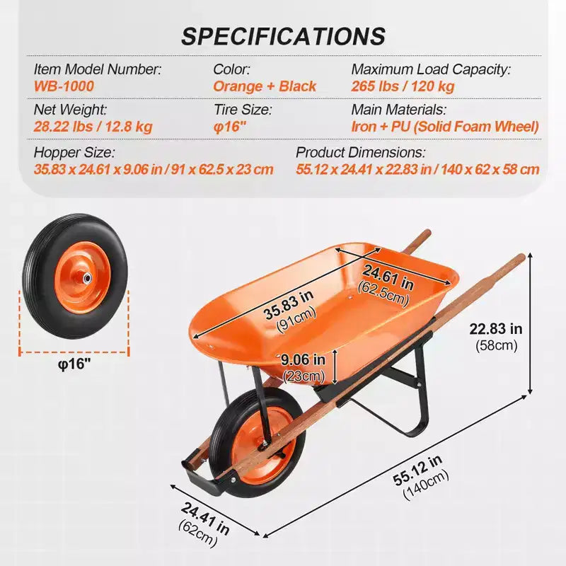 5 Cu. Ft. Wheelbarrow Cart with 265 lbs Capacity, One Wheel Design, 16 Wide Track Wheels for Lawn and Farm