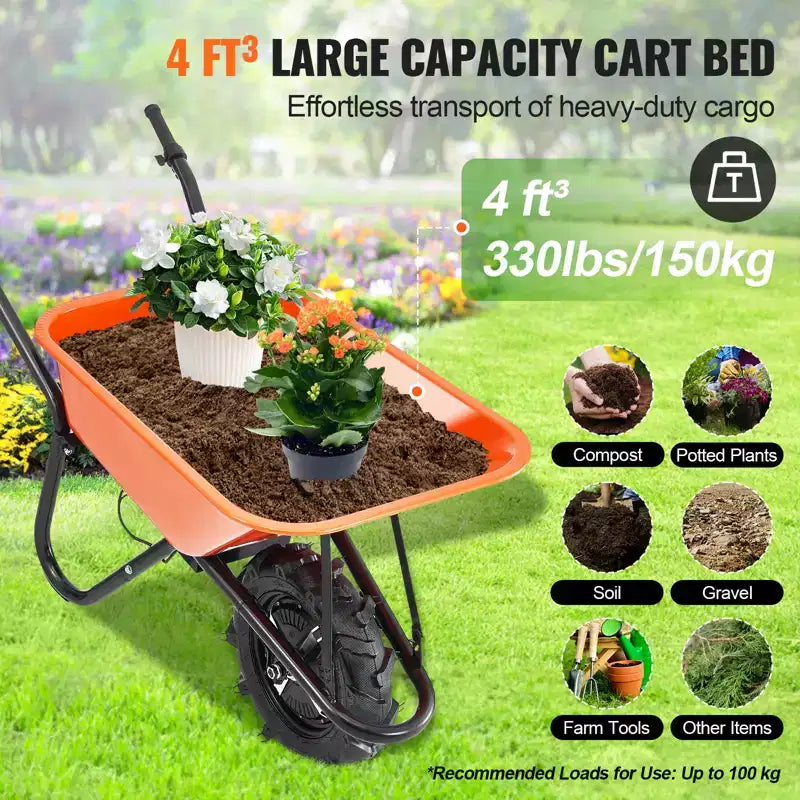 Electric Wheelbarrow Cart, 500W Powered, 4 Cu. Ft. Load Capacity, 330 lbs Capacity, with Metal Handle and 16 Track Wheels for Lawn and Farm