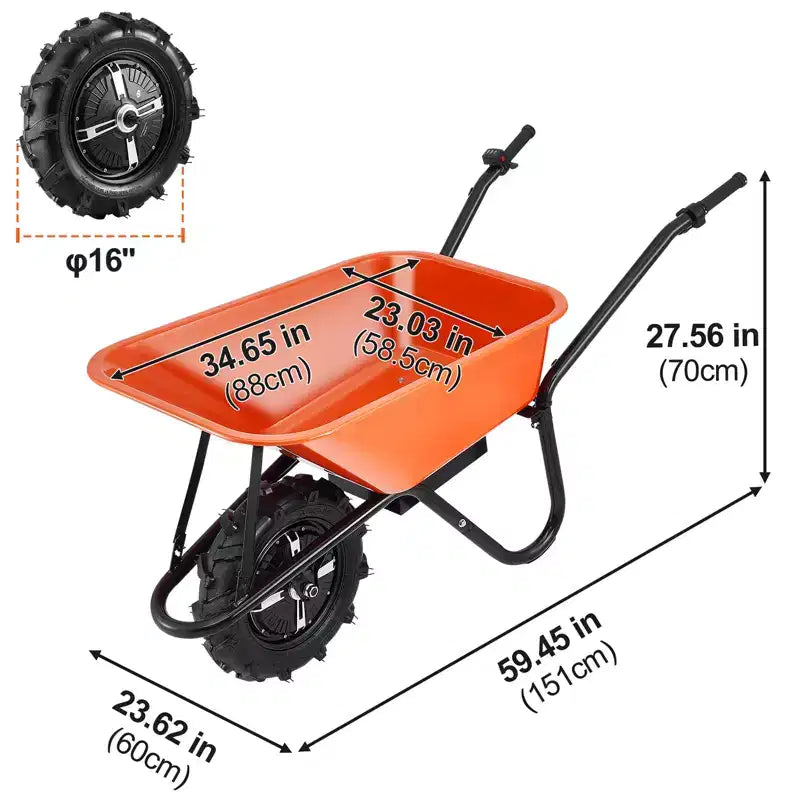 Electric Wheelbarrow Cart, 500W Powered, 4 Cu. Ft. Load Capacity, 330 lbs Capacity, with Metal Handle and 16 Track Wheels for Lawn and Farm