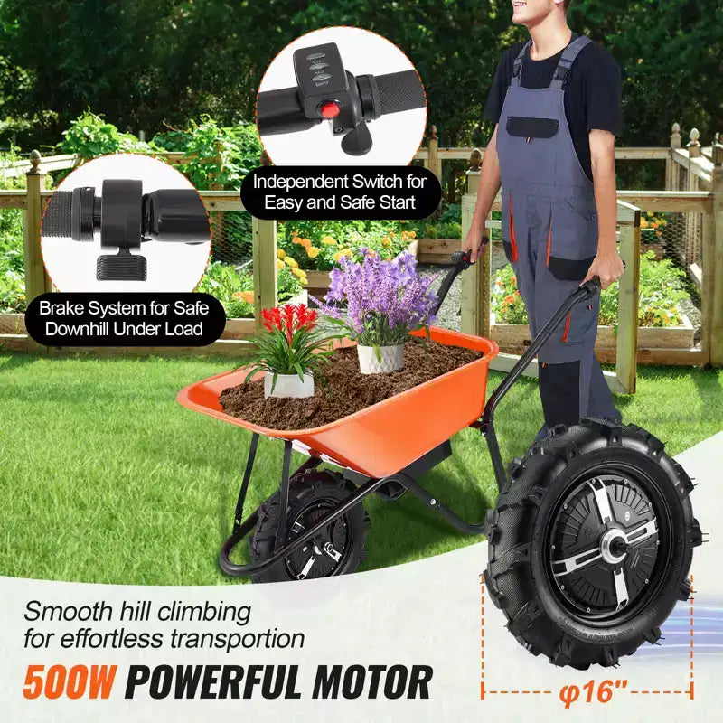 Electric Wheelbarrow Cart, 500W Powered, 4 Cu. Ft. Load Capacity, 330 lbs Capacity, with Metal Handle and 16 Track Wheels for Lawn and Farm