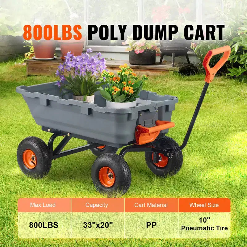 Poly Garden Dump Cart with Easy Assemble Steel Frame, 2-in-1 Convertible Handle, 800 lbs Capacity, 10 inch Tires
