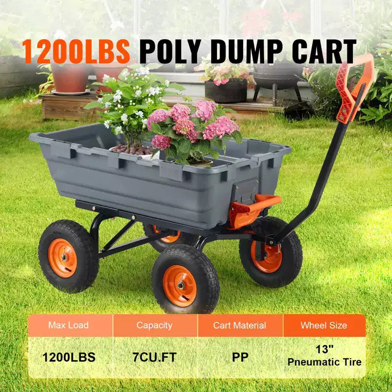 Poly Garden Dump Cart with Easy Assemble Steel Frame, 2-in-1 Convertible Handle, 6.48 cu. ft. Load Capacity, 1200 lbs Capacity, 13 inch Tires