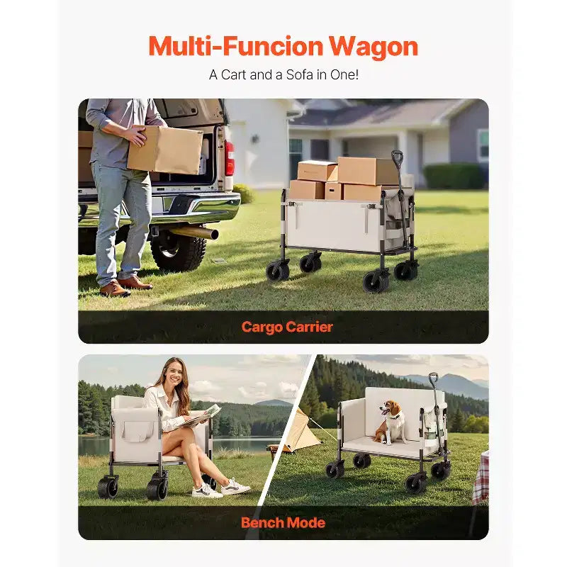 Foldable Wagon Cart that Converts to Bench, 550 lbs Load Capacity, 220 Liter Capacity for Camping