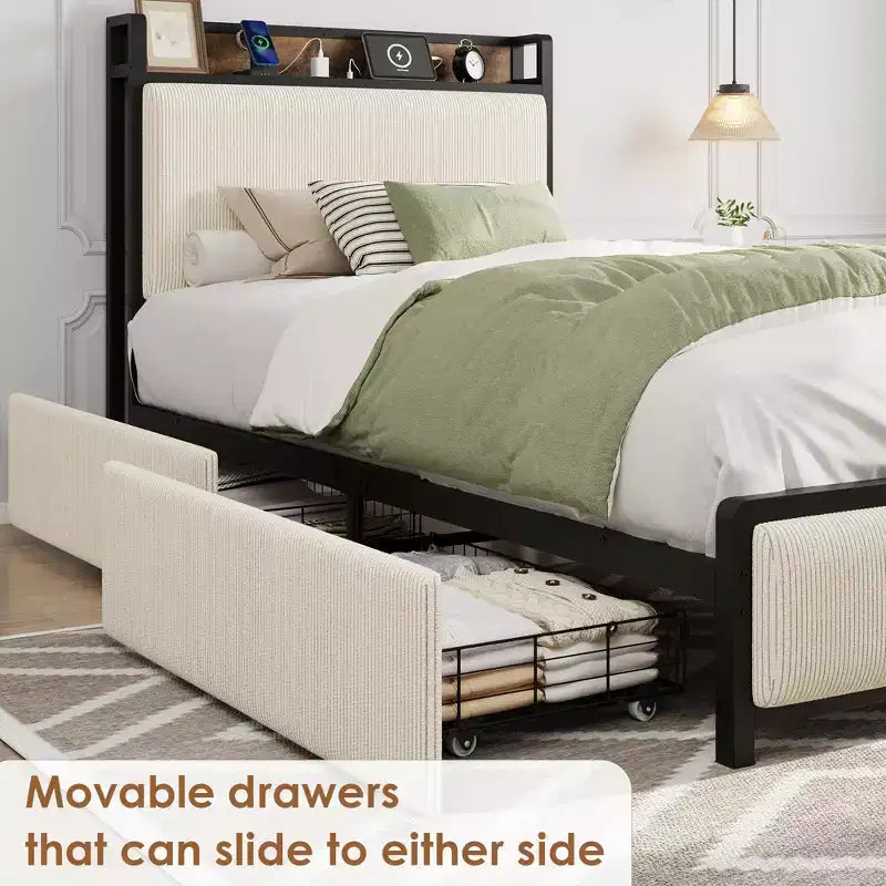 Twin XL Size Bed Frame with Storage Headboard, Corduroy Upholstered, 2 Storage Drawers & Charging Station, No Box Spring Needed, Noise-Free