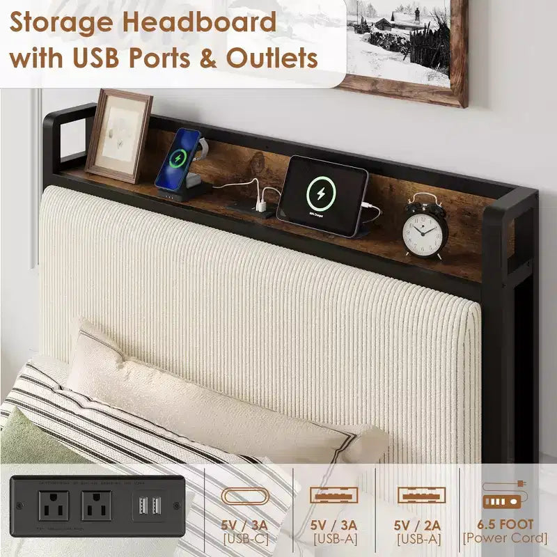 Twin XL Size Bed Frame with Storage Headboard, Corduroy Upholstered, 2 Storage Drawers & Charging Station, No Box Spring Needed, Noise-Free