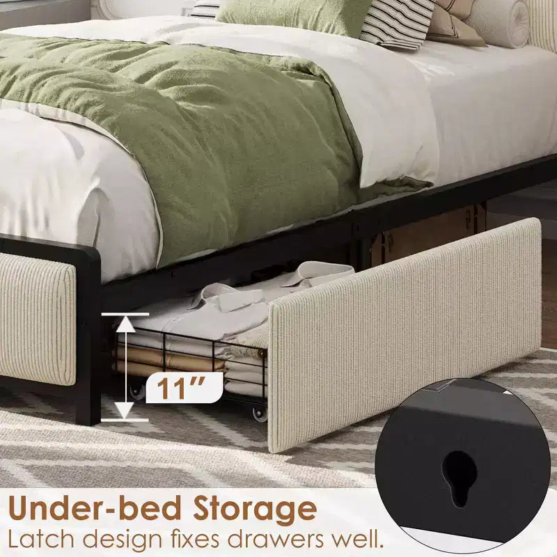 Twin XL Size Bed Frame with Storage Headboard, Corduroy Upholstered, 2 Storage Drawers & Charging Station, No Box Spring Needed, Noise-Free