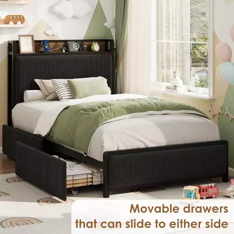 Twin XL Size Bed Frame with Storage Headboard, Corduroy Upholstered, 2 Storage Drawers & Charging Station, No Box Spring Needed, Noise-Free