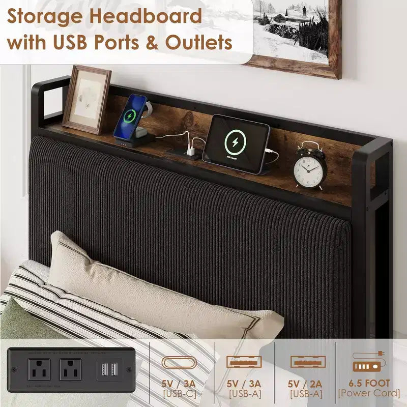 Twin XL Size Bed Frame with Storage Headboard, Corduroy Upholstered, 2 Storage Drawers & Charging Station, No Box Spring Needed, Noise-Free
