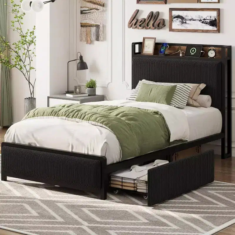 Twin XL Size Bed Frame with Storage Headboard, Corduroy Upholstered, 2 Storage Drawers & Charging Station, No Box Spring Needed, Noise-Free