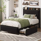Twin XL Size Bed Frame with Storage Headboard, Corduroy Upholstered, 2 Storage Drawers & Charging Station, No Box Spring Needed, Noise-Free
