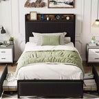 Twin XL Size Bed Frame with Storage Headboard, Corduroy Upholstered, 2 Storage Drawers & Charging Station, No Box Spring Needed, Noise-Free