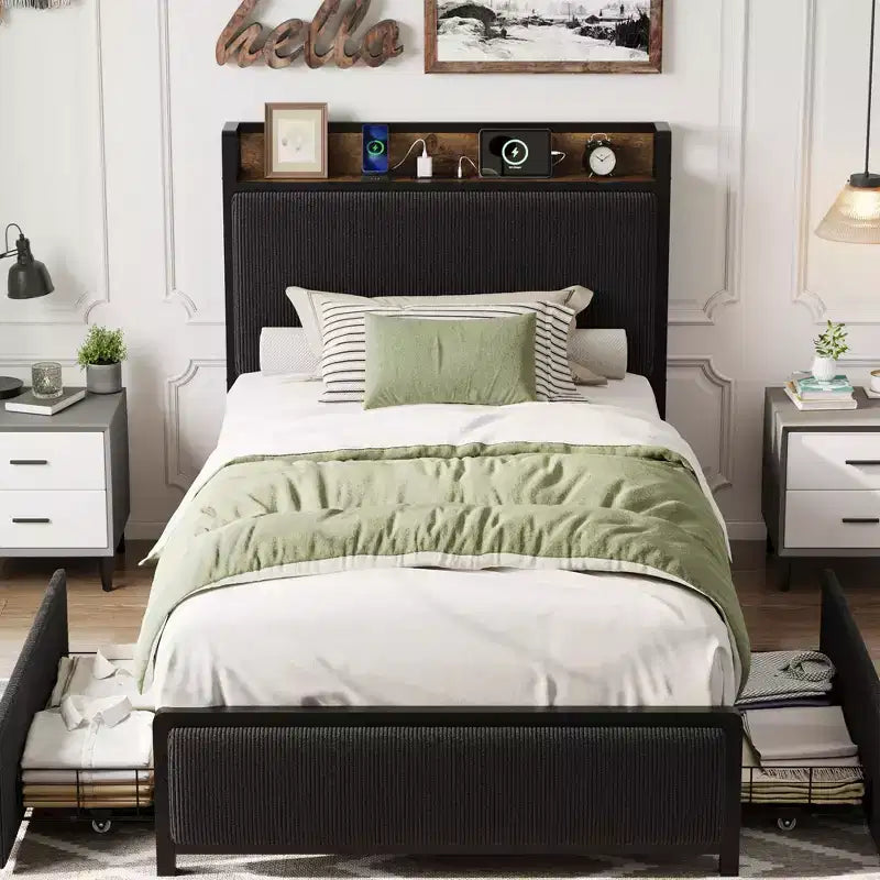 Twin XL Size Bed Frame with Storage Headboard, Corduroy Upholstered, 2 Storage Drawers & Charging Station, No Box Spring Needed, Noise-Free