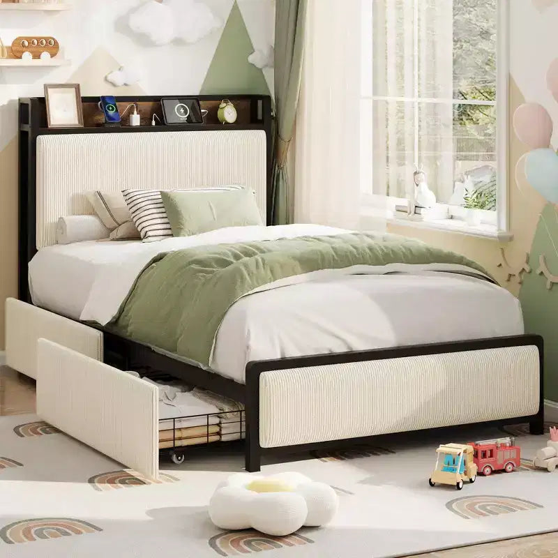 Twin XL Size Bed Frame with Storage Headboard, Corduroy Upholstered, 2 Storage Drawers & Charging Station, No Box Spring Needed, Noise-Free