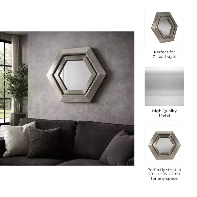 Modern Metal Hexagon Wall Mirror for Bedroom and Living Room Decor - Accent Mirrors for Wall, Hallway, Entryway or Bathroom - 20, Silver & Metallic