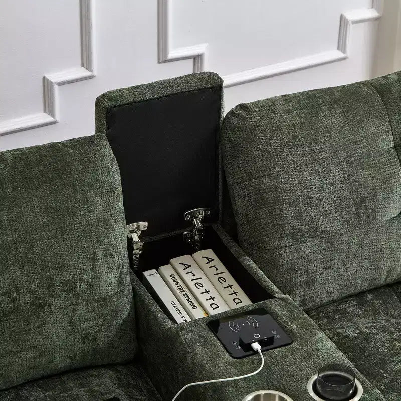 Whisen 126 Sectional Sofa with Center Console, Cup Holders, U-shaped Sectional, Built-in Bluetooth Speakers, and 2 Storage Ottomans for Living Room