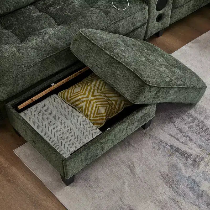 Whisen 126 Sectional Sofa with Center Console, Cup Holders, U-shaped Sectional, Built-in Bluetooth Speakers, and 2 Storage Ottomans for Living Room