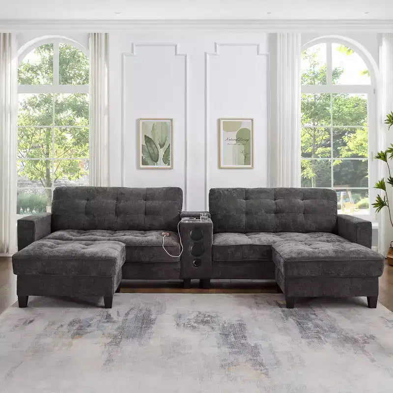 Whisen 126 Sectional Sofa with Center Console, Cup Holders, U-shaped Sectional, Built-in Bluetooth Speakers, and 2 Storage Ottomans for Living Room