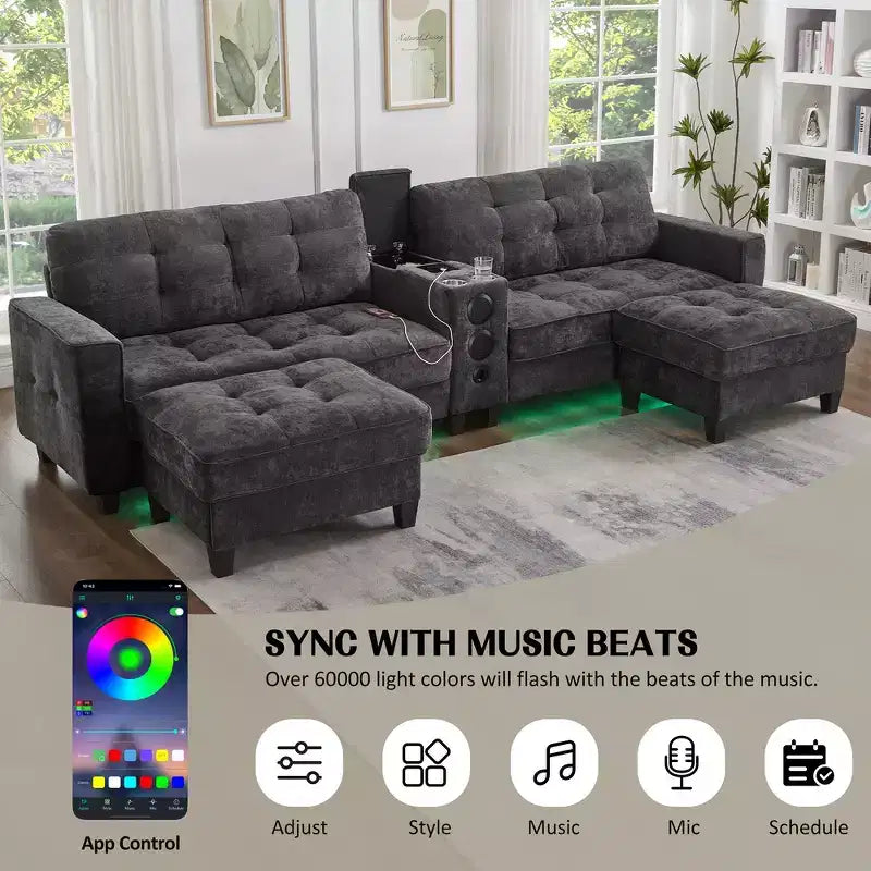 Whisen 126 Sectional Sofa with Center Console, Cup Holders, U-shaped Sectional, Built-in Bluetooth Speakers, and 2 Storage Ottomans for Living Room