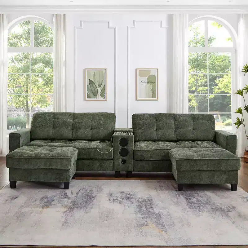Whisen 126 Sectional Sofa with Center Console, Cup Holders, U-shaped Sectional, Built-in Bluetooth Speakers, and 2 Storage Ottomans for Living Room