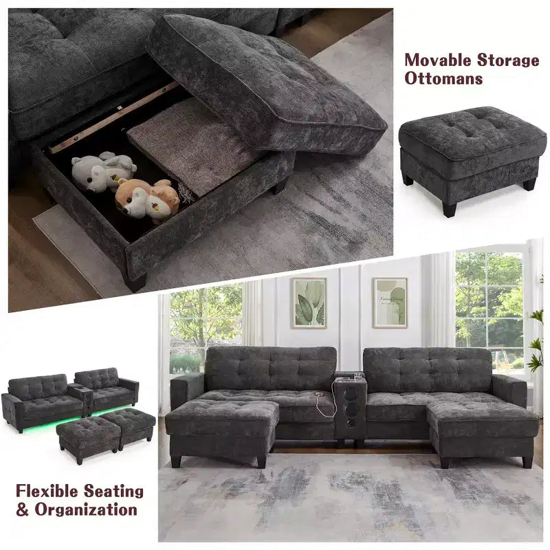 Whisen 126 Sectional Sofa with Center Console, Cup Holders, U-shaped Sectional, Built-in Bluetooth Speakers, and 2 Storage Ottomans for Living Room