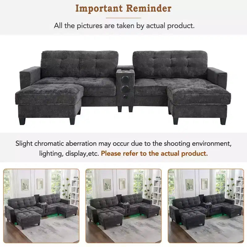 Whisen 126 Sectional Sofa with Center Console, Cup Holders, U-shaped Sectional, Built-in Bluetooth Speakers, and 2 Storage Ottomans for Living Room