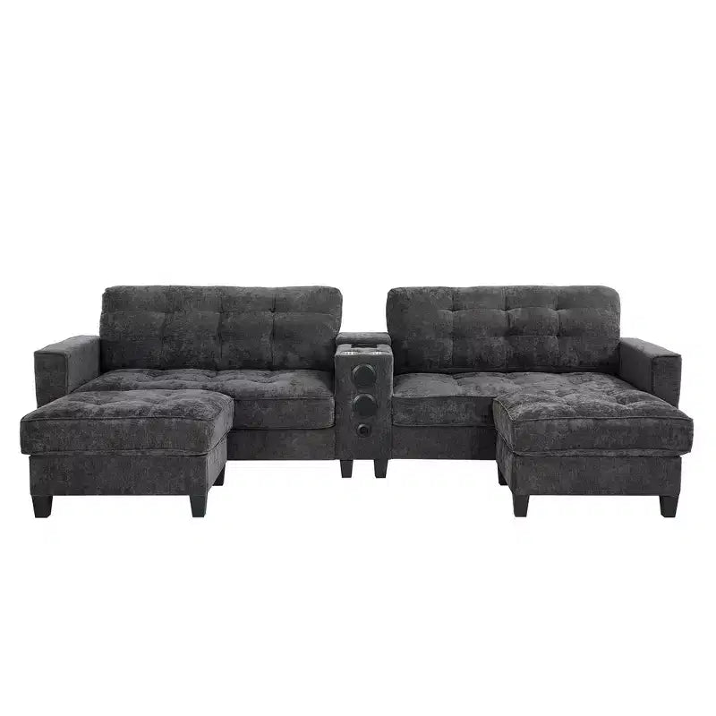 Whisen 126 Sectional Sofa with Center Console, Cup Holders, U-shaped Sectional, Built-in Bluetooth Speakers, and 2 Storage Ottomans for Living Room
