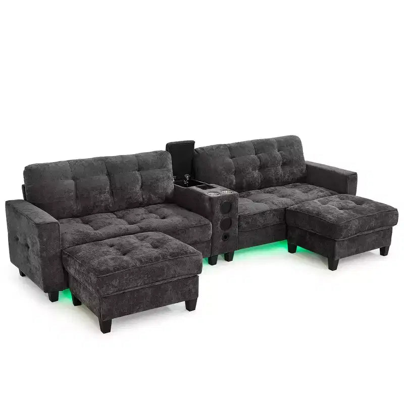 Whisen 126 Sectional Sofa with Center Console, Cup Holders, U-shaped Sectional, Built-in Bluetooth Speakers, and 2 Storage Ottomans for Living Room