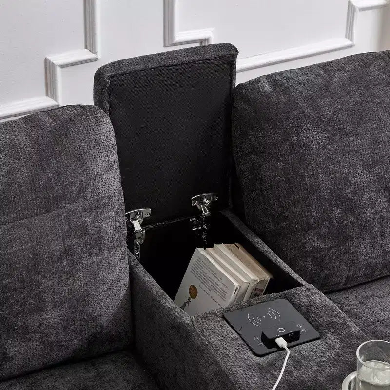 Whisen 126 Sectional Sofa with Center Console, Cup Holders, U-shaped Sectional, Built-in Bluetooth Speakers, and 2 Storage Ottomans for Living Room