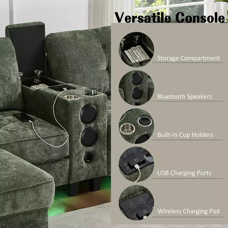 Whisen 126 Sectional Sofa with Center Console, Cup Holders, U-shaped Sectional, Built-in Bluetooth Speakers, and 2 Storage Ottomans for Living Room
