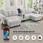 Whisen 126 Sectional Sofa with Center Console, Cup Holders, U-shaped Sectional, Built-in Bluetooth Speakers, and 2 Storage Ottomans for Living Room