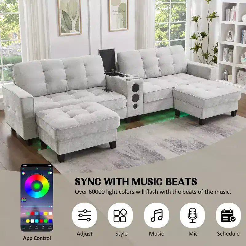 Whisen 126 Sectional Sofa with Center Console, Cup Holders, U-shaped Sectional, Built-in Bluetooth Speakers, and 2 Storage Ottomans for Living Room
