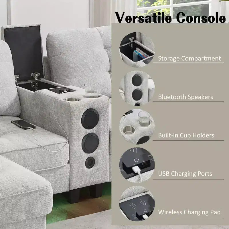 Whisen 126 Sectional Sofa with Center Console, Cup Holders, U-shaped Sectional, Built-in Bluetooth Speakers, and 2 Storage Ottomans for Living Room
