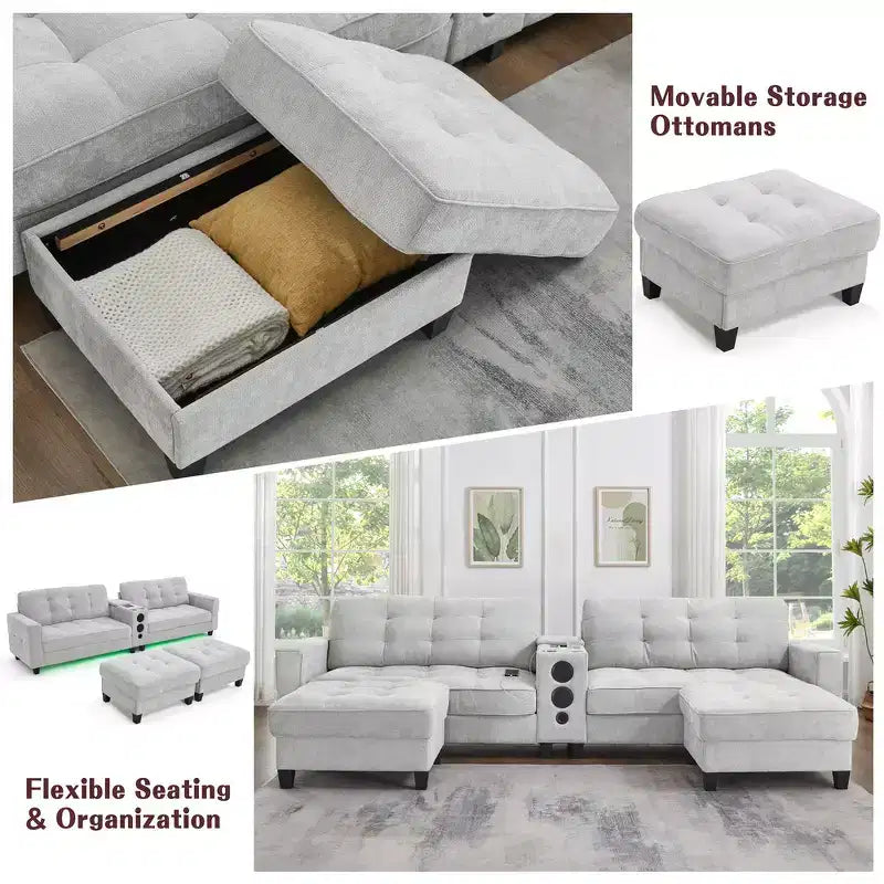 Whisen 126 Sectional Sofa with Center Console, Cup Holders, U-shaped Sectional, Built-in Bluetooth Speakers, and 2 Storage Ottomans for Living Room