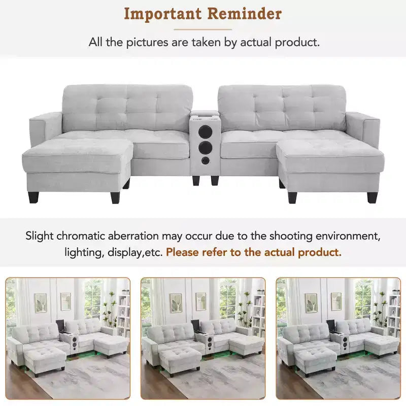 Whisen 126 Sectional Sofa with Center Console, Cup Holders, U-shaped Sectional, Built-in Bluetooth Speakers, and 2 Storage Ottomans for Living Room