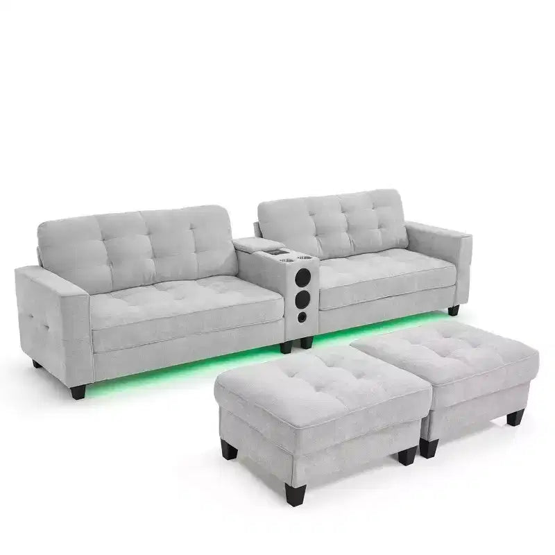 Whisen 126 Sectional Sofa with Center Console, Cup Holders, U-shaped Sectional, Built-in Bluetooth Speakers, and 2 Storage Ottomans for Living Room