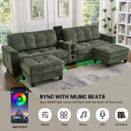 Whisen 126 Sectional Sofa with Center Console, Cup Holders, U-shaped Sectional, Built-in Bluetooth Speakers, and 2 Storage Ottomans for Living Room