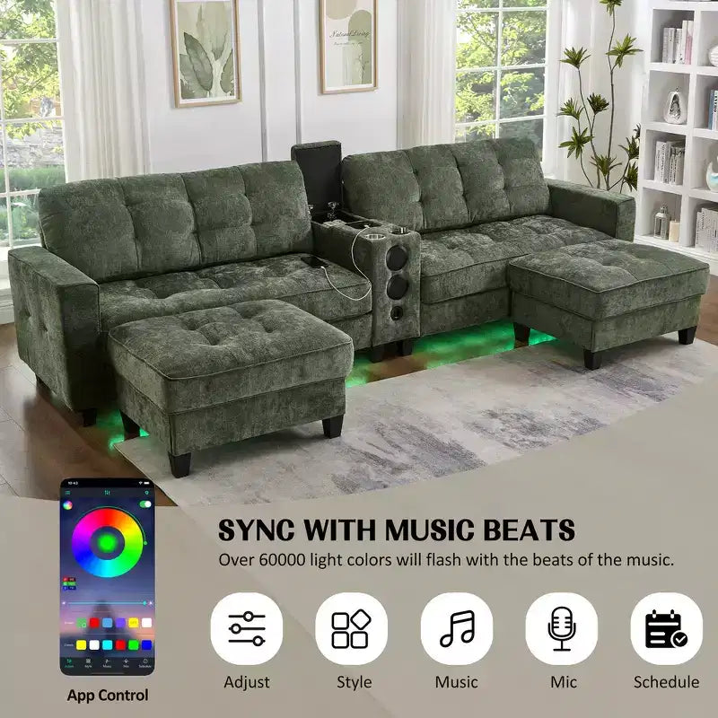 Whisen 126 Sectional Sofa with Center Console, Cup Holders, U-shaped Sectional, Built-in Bluetooth Speakers, and 2 Storage Ottomans for Living Room