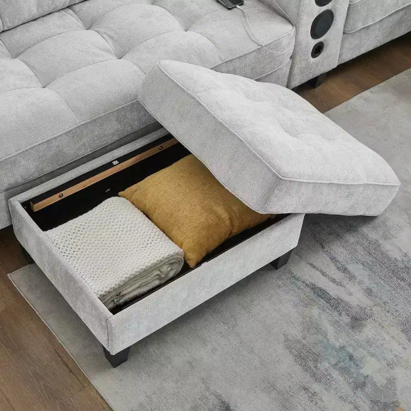 Whisen 126 Sectional Sofa with Center Console, Cup Holders, U-shaped Sectional, Built-in Bluetooth Speakers, and 2 Storage Ottomans for Living Room