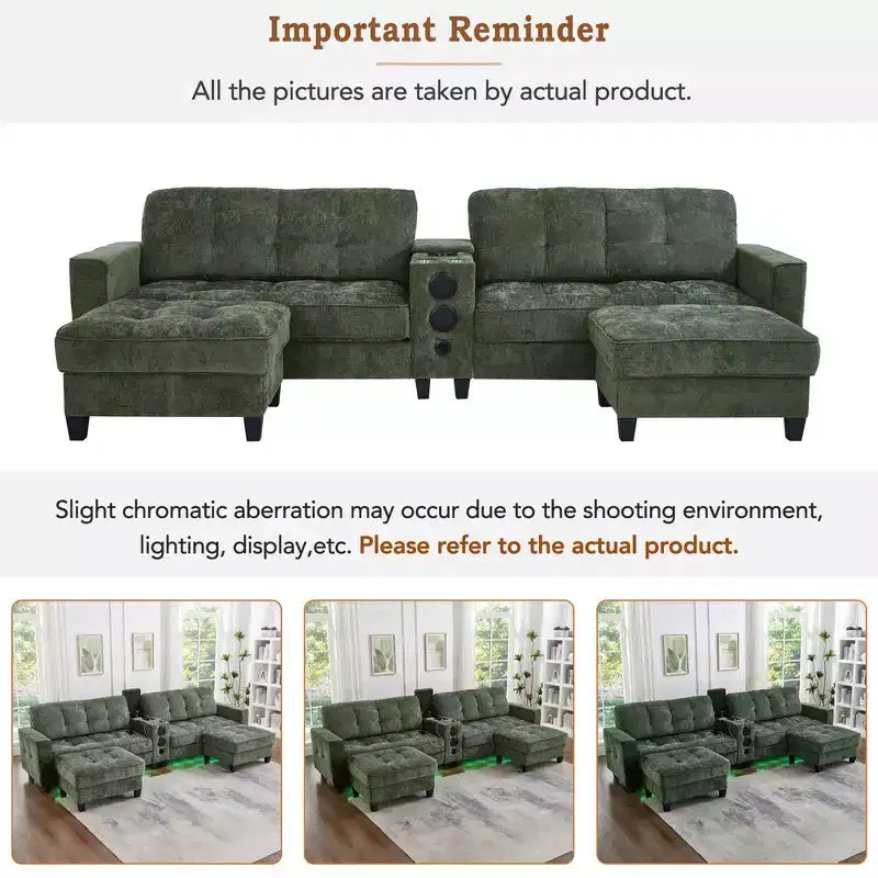 Whisen 126 Sectional Sofa with Center Console, Cup Holders, U-shaped Sectional, Built-in Bluetooth Speakers, and 2 Storage Ottomans for Living Room