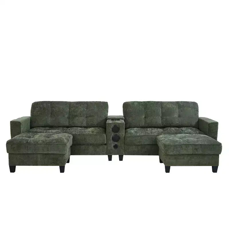 Whisen 126 Sectional Sofa with Center Console, Cup Holders, U-shaped Sectional, Built-in Bluetooth Speakers, and 2 Storage Ottomans for Living Room