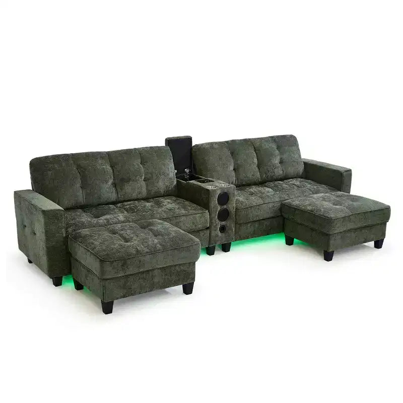 Whisen 126 Sectional Sofa with Center Console, Cup Holders, U-shaped Sectional, Built-in Bluetooth Speakers, and 2 Storage Ottomans for Living Room