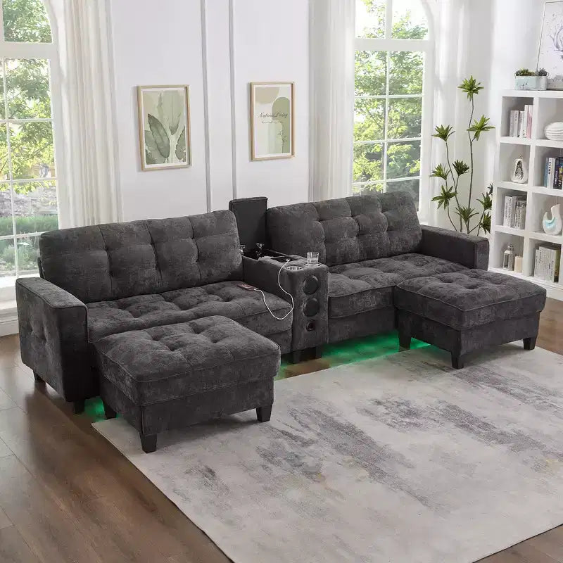 Whisen 126 Sectional Sofa with Center Console, Cup Holders, U-shaped Sectional, Built-in Bluetooth Speakers, and 2 Storage Ottomans for Living Room