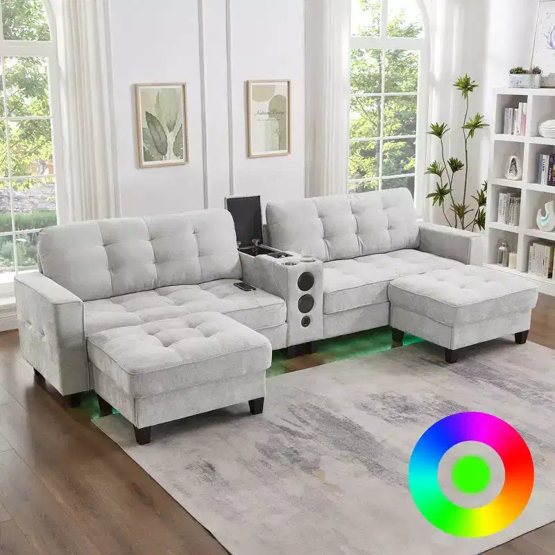 Whisen 126 Sectional Sofa with Center Console, Cup Holders, U-shaped Sectional, Built-in Bluetooth Speakers, and 2 Storage Ottomans for Living Room
