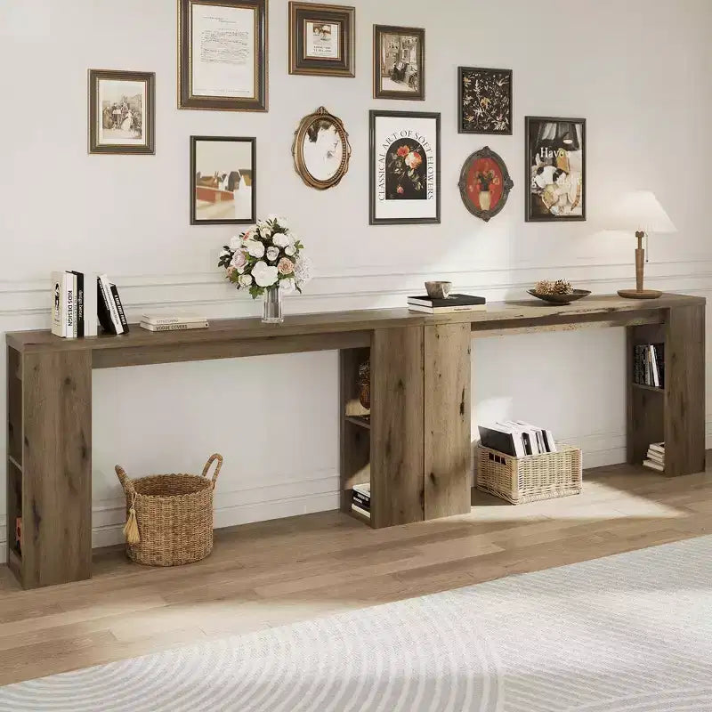 63 Natural Farmhouse Console Table with Storage, Long Narrow Sofa Table for Entryway, Behind Couch