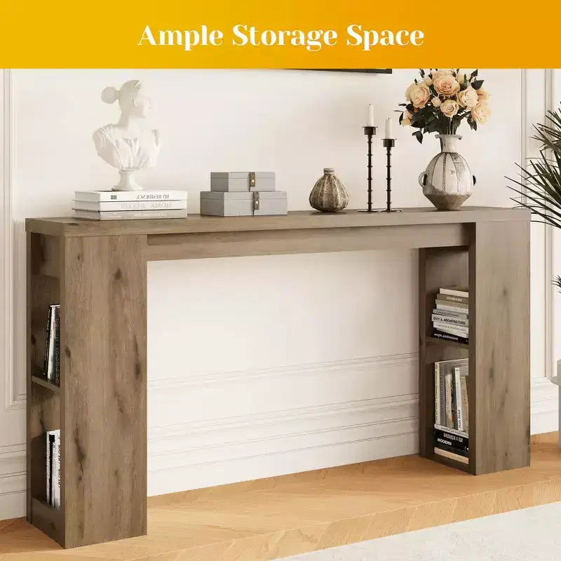 63 Natural Farmhouse Console Table with Storage, Long Narrow Sofa Table for Entryway, Behind Couch